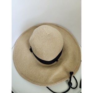 SOLAR ESCAPE Woven Sun Hat Wide Brim Beige w Black Band One Size Adjustable Brim
